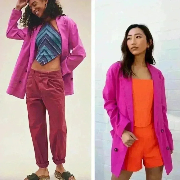 NEW Aureta Studio Carrie Blazer Linen Blend Pink Breathable Oversized Casual - Picture 1 of 9